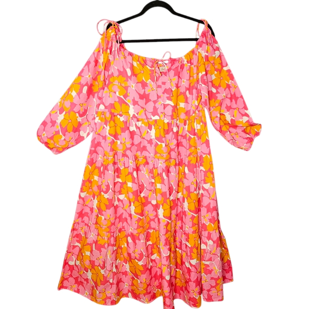 Charlie Paige Summer Pink Orange Cotton Tiered Drawstring Neckline Midi Dress XL